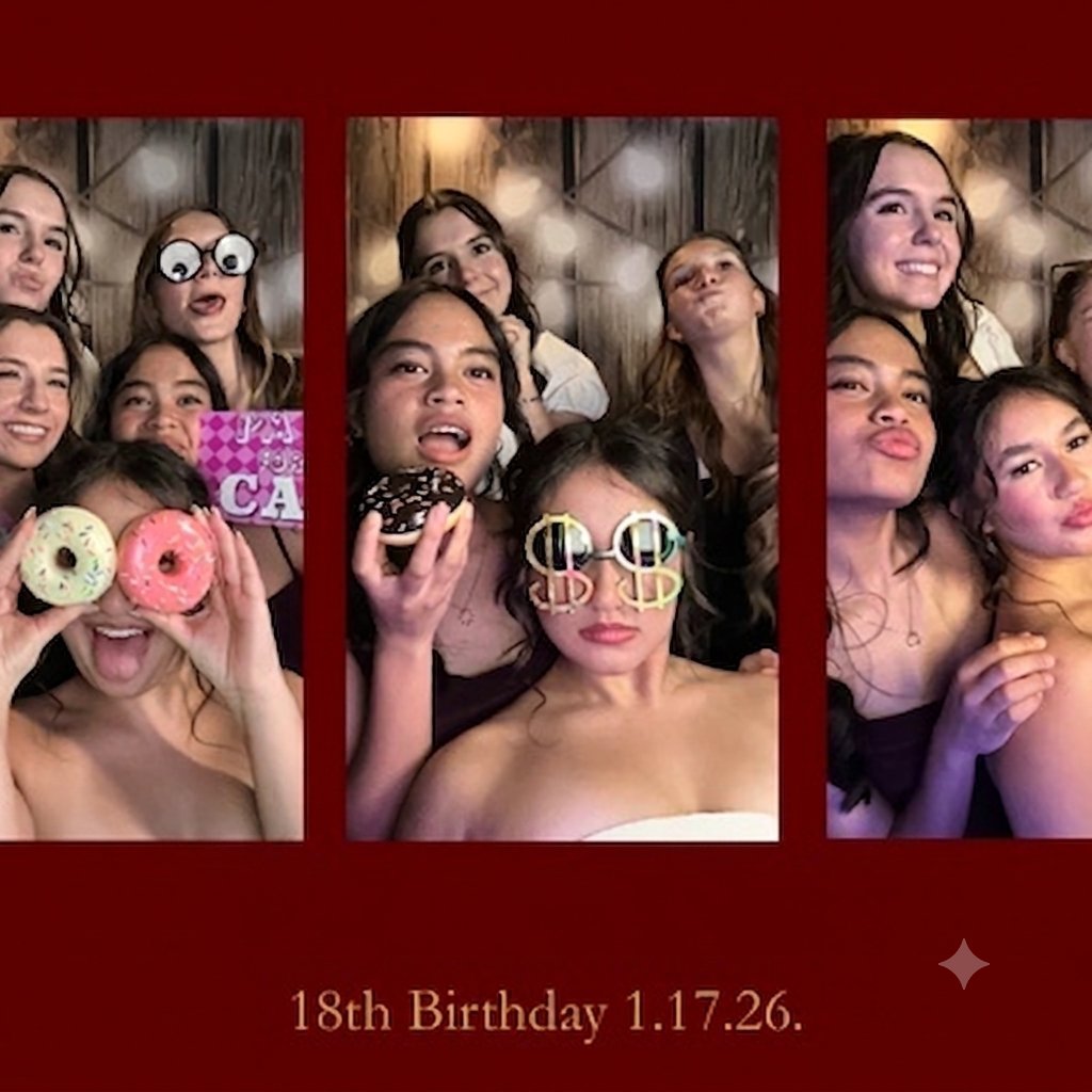 Group of young women at an 18th birthday celebration on a red background with props and festive attire